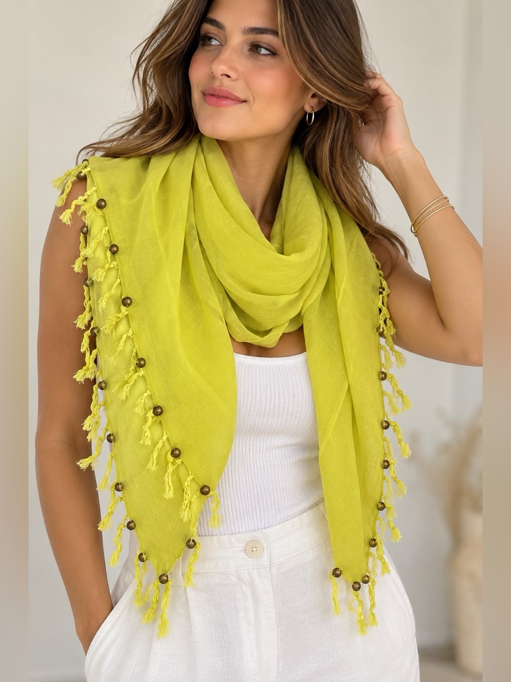 Boutique Chartreuse Yellow Lightweight Scarf Shawl Beaded Fringe Trim